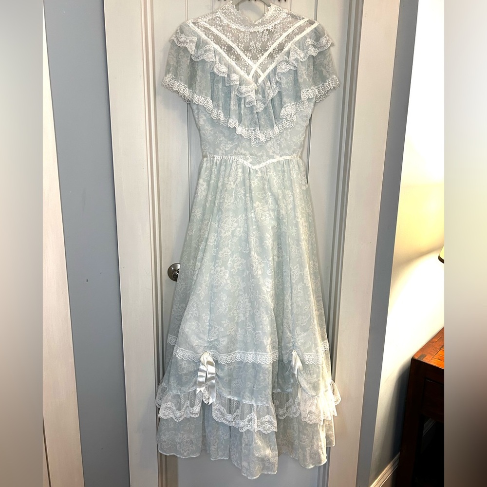 VTG Gunne Sax Jessica McClintock 70s Prairie Lace Prom Dress Pale Mint Size 7
